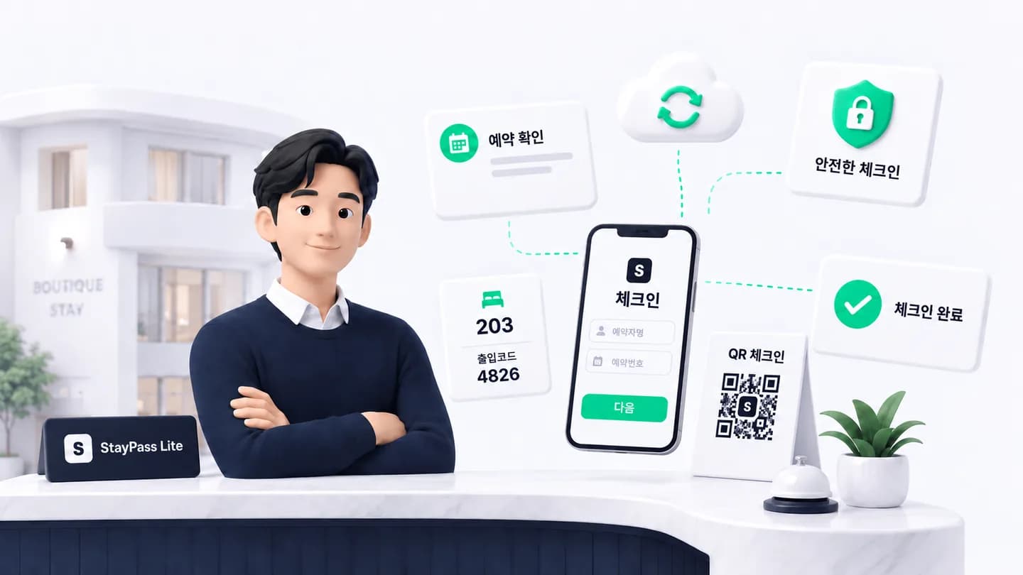 StayPass Lite 캐릭터와 숙소 QR 안내판, 휴대폰 예약 확인 및 입실 안내