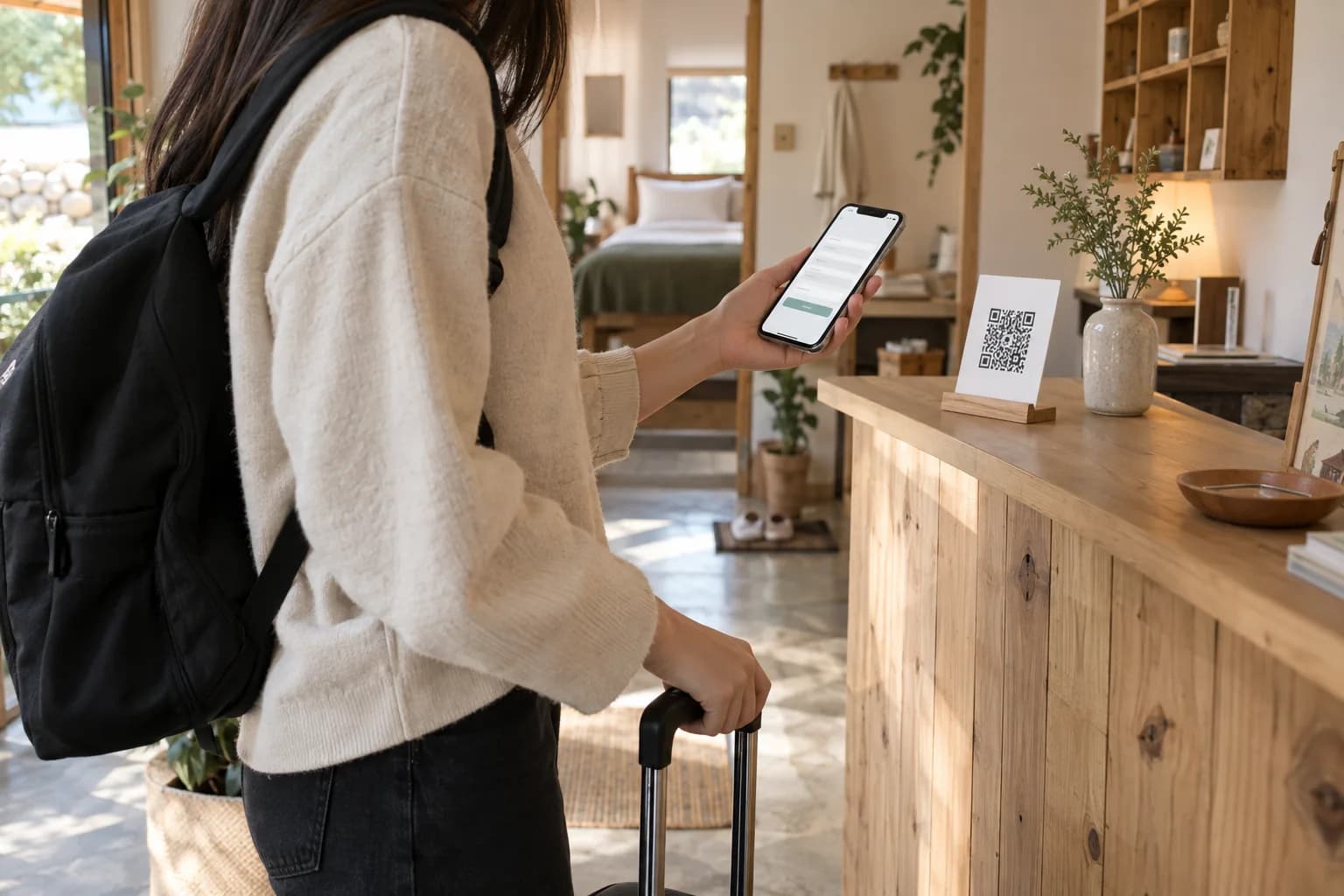 A guest entering booking details on their own phone beside the property QR