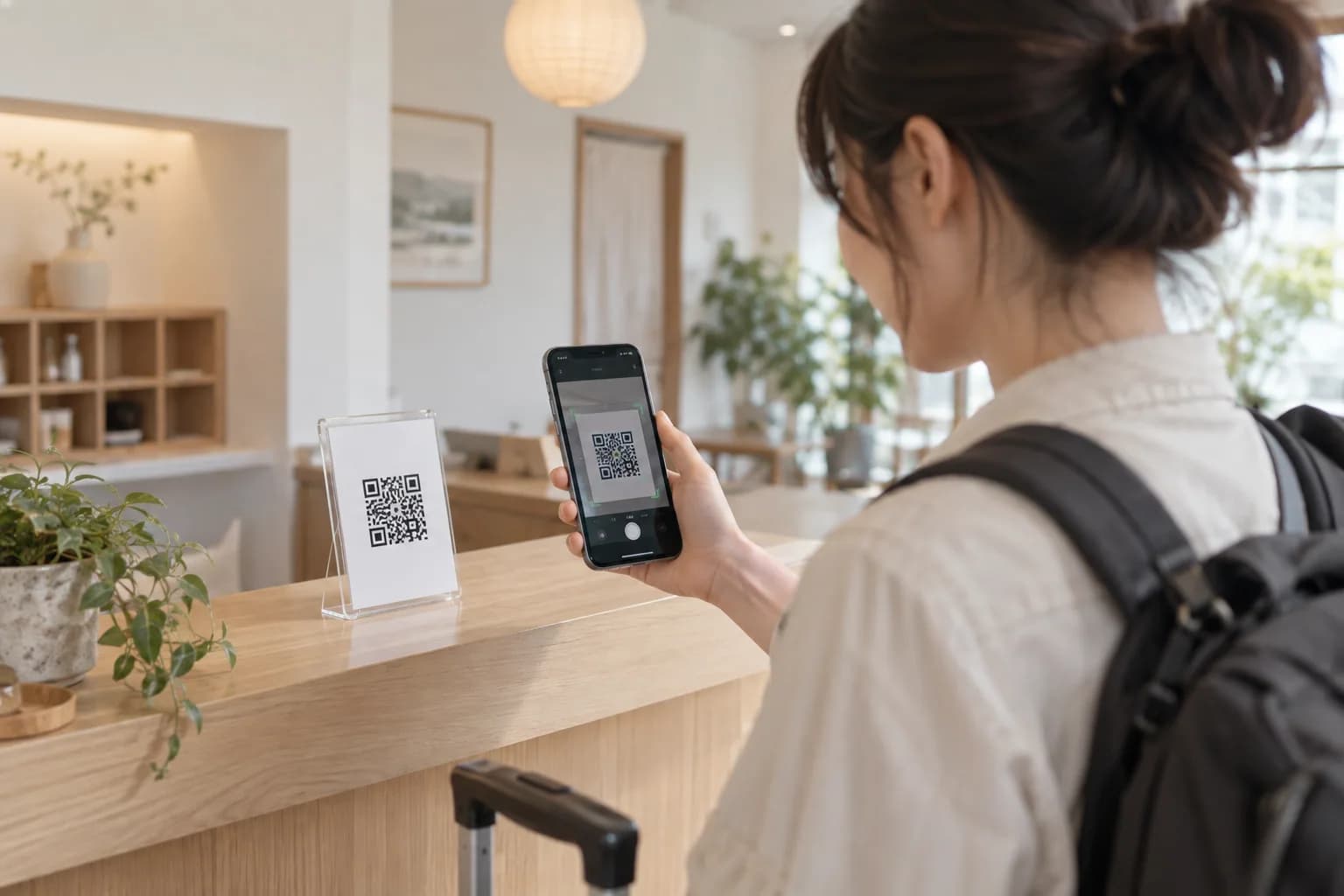 A guest scanning a property QR at reception with their own smartphone
