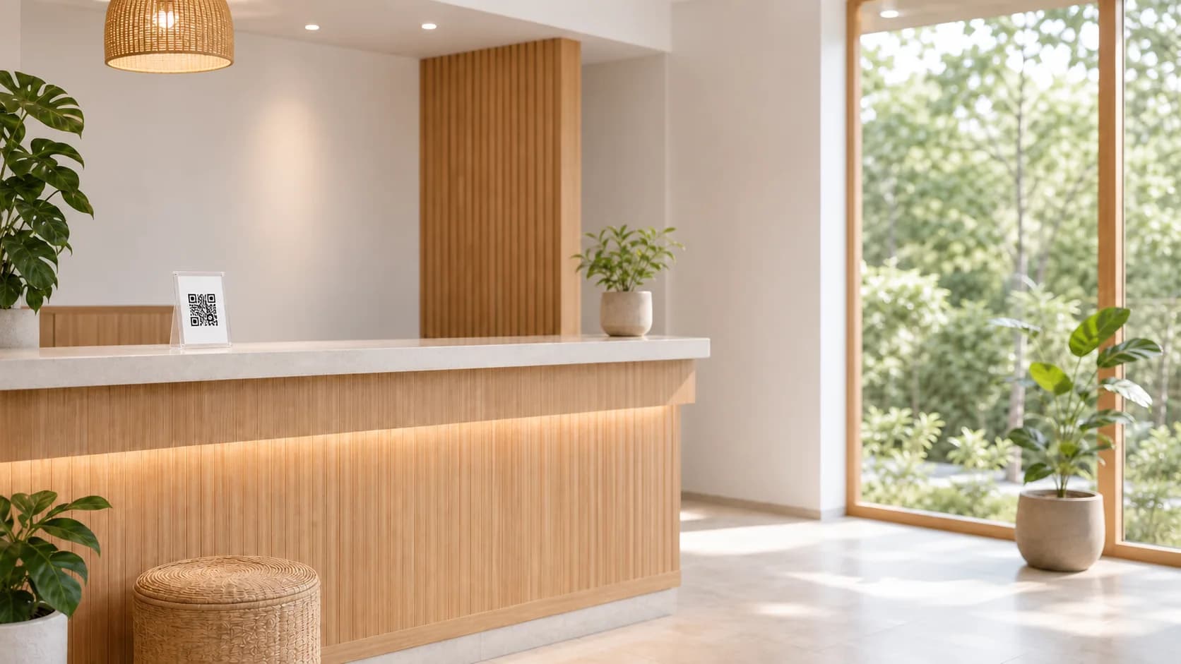 A reception desk with a printed property QR instead of a dedicated check-in device